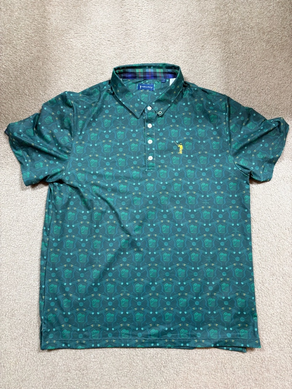 William Murray Golf Teal Green Patterned Polo with Yellow Logo